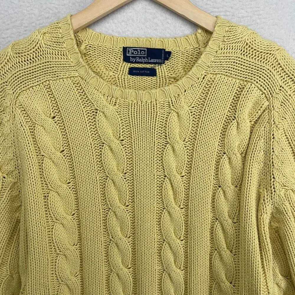 POLO RALPH LAUREN Sweater Mens L Cable Jumper Pullover Cotton Yellow HK VTG
